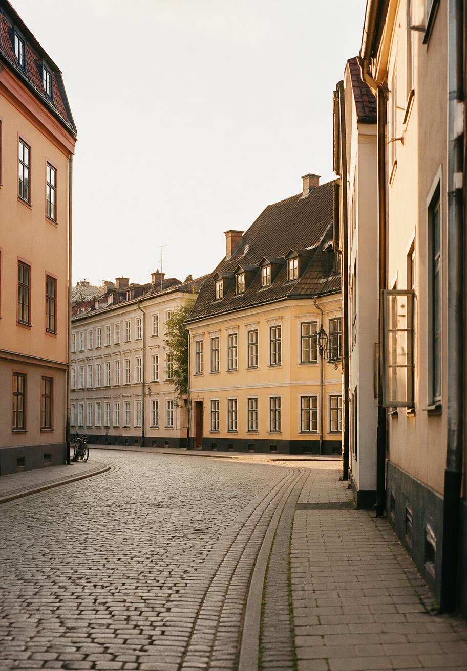 Kullerstensgata med klassiska fasader i centrala Malmö nära min hudvårdsklinik